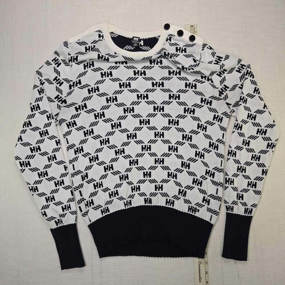 Helly Hansen Sweater L Reversible Women Navy White Buttons Monogram Nautical GUC